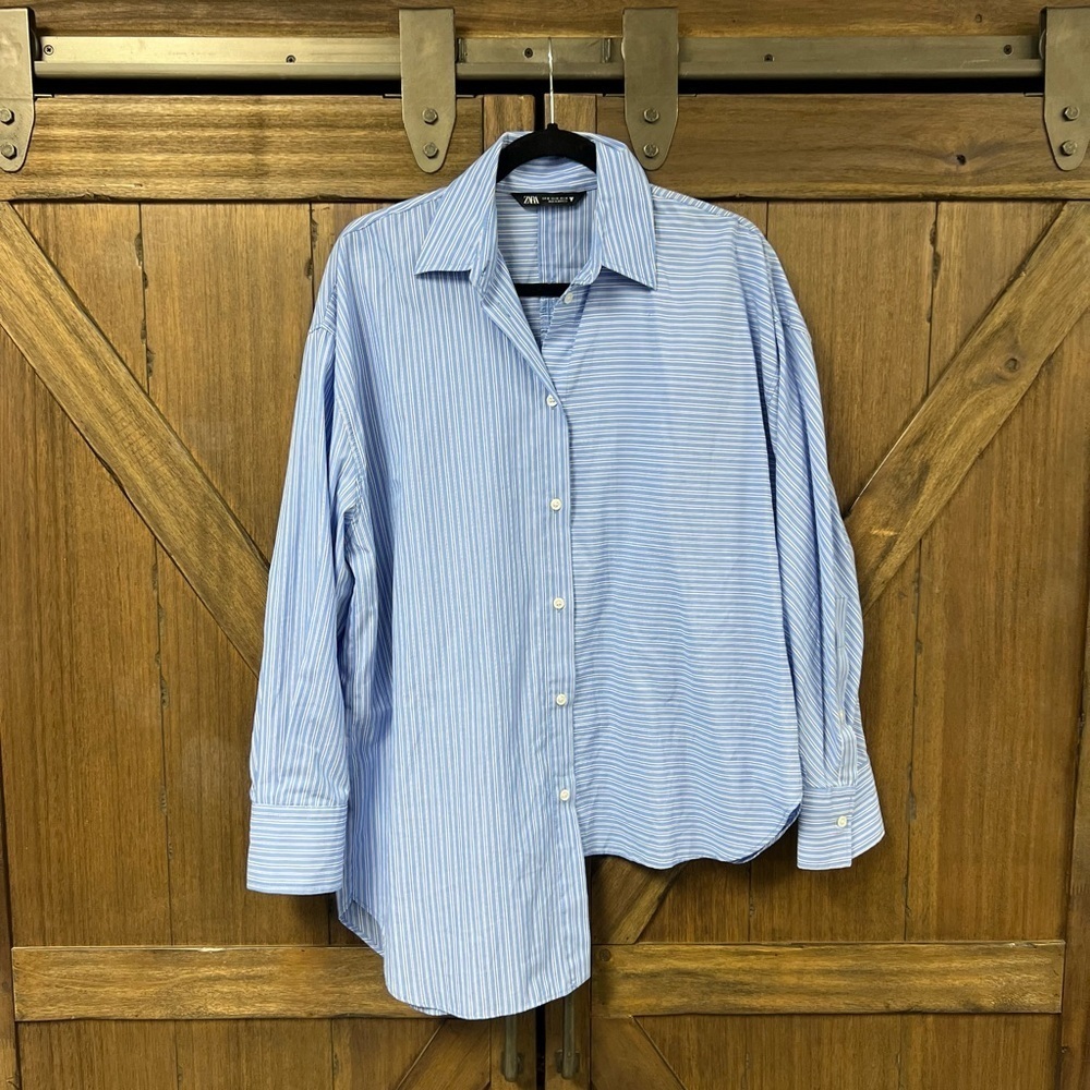 Zara Oversized Long Sleeve Cotton Stripped Button Up Asymmetrical Blouse Size XS - Picture 2 of 5